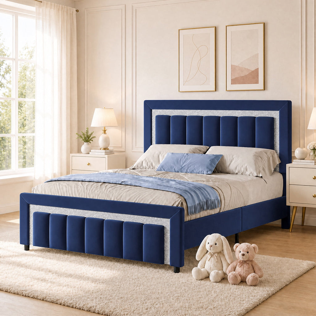 4 EVER WINNER Full Bed Frame with Headboard, Velvet Upholstered Platform Bed Frame Full Size with Diamond Headboard & Footboard, Wooden Slats Support, No Box Spring Required, Easy Assembly, Blue