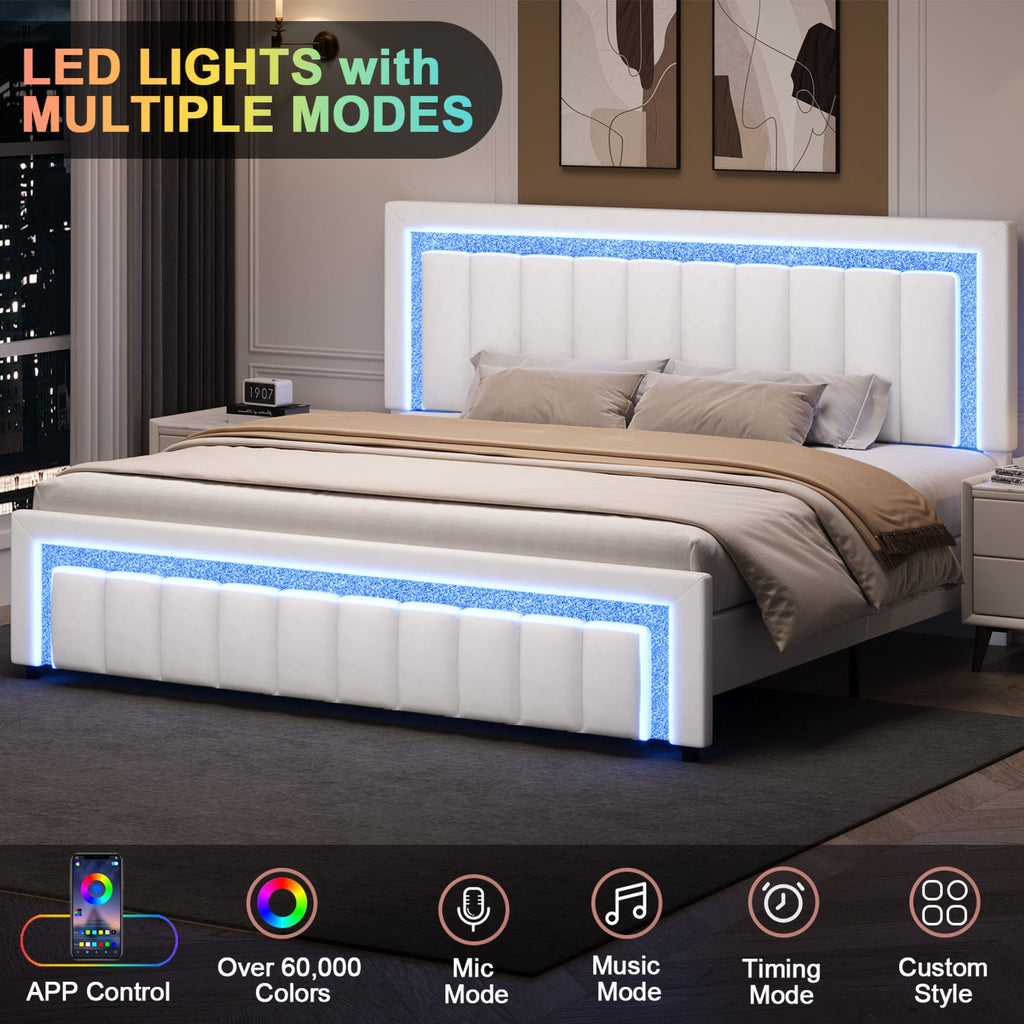 4 EVER WINNER King Size LED Bed Frame,Velvet Upholstered with Striped & Diamond Studded Headboard & Footboard, Quiet Stable Structure, No Box Spring Required¡ê?White