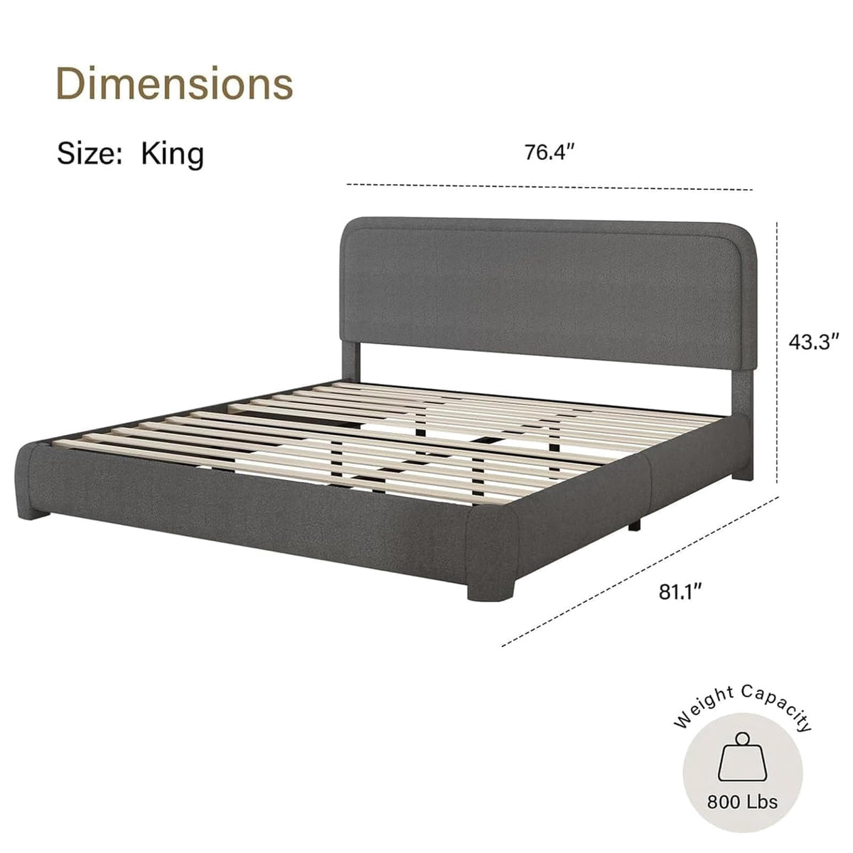 4 EVER WINNER King Size Bed Frame, Boucle Upholstered Bed Frame with Headboard, No Box Spring Required, Easy Assembly, Dark Gray