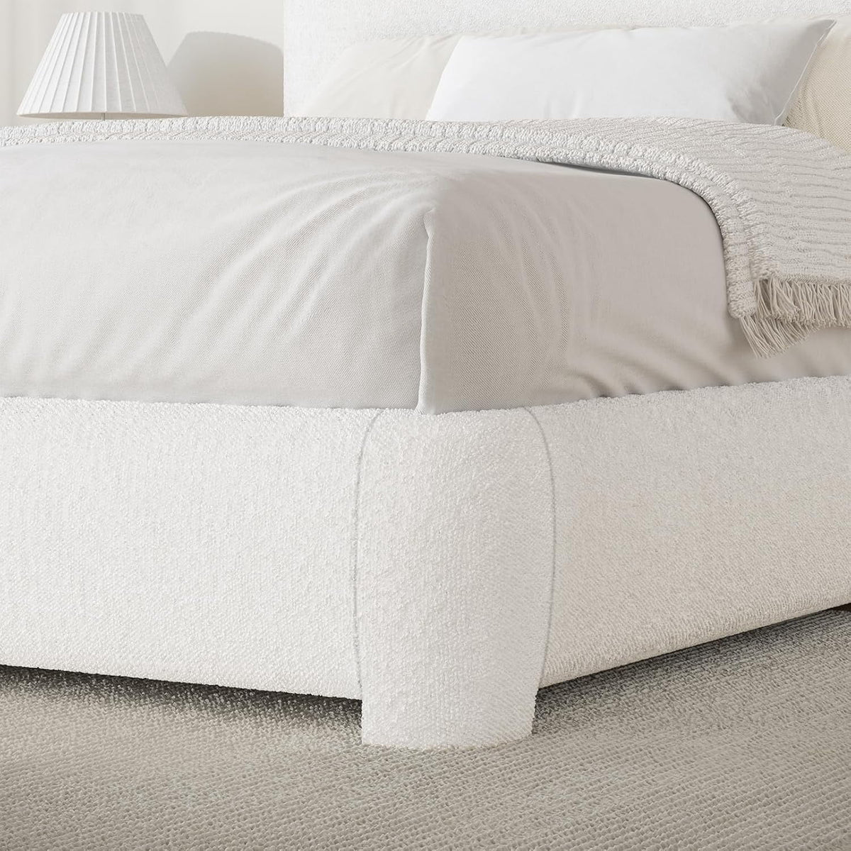 4 Ever Winner Boucle Upholstered Queen Bed Frame with Curved Headboard, White