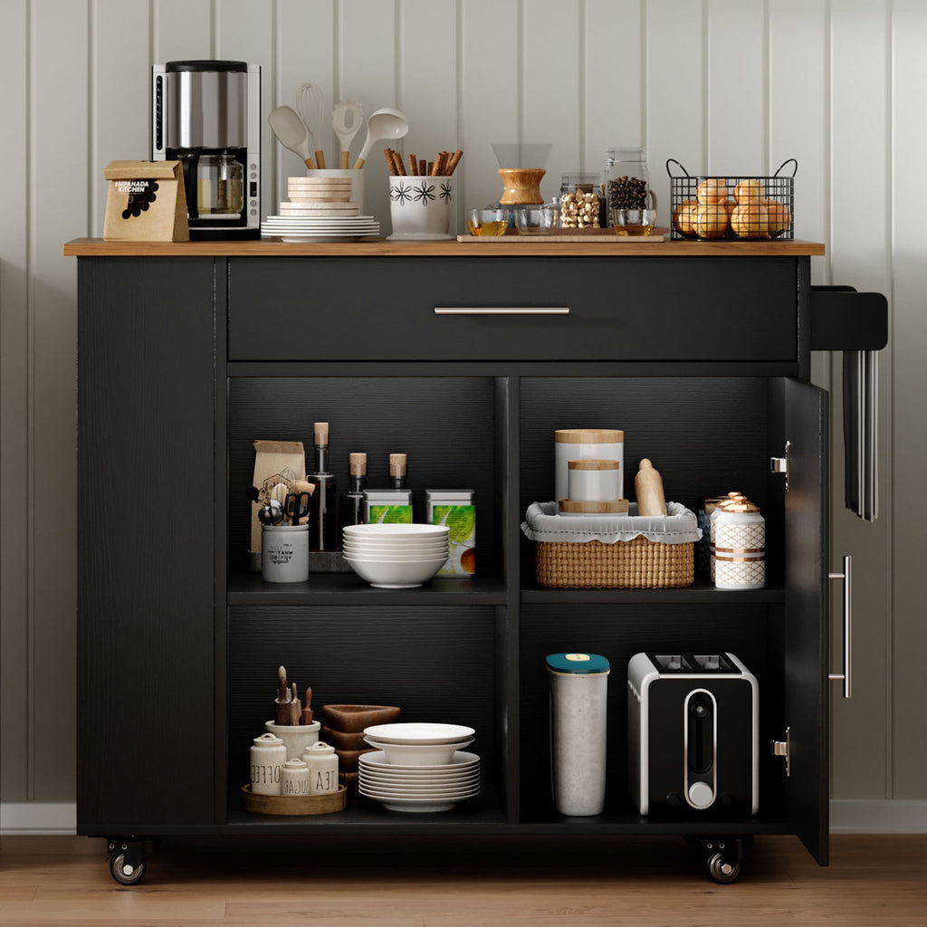 Rolling Kitchen Island Cart with Storage, Black Mobile Kitchen Cart on Wheels with Spice Rack, Towel Rack, Open Shelves & Drawer, Versatile Serving Cart for Kitchen Dining Room