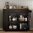Rolling Kitchen Island Cart with Storage, Black Mobile Kitchen Cart on Wheels with Spice Rack, Towel Rack, Open Shelves & Drawer, Versatile Serving Cart for Kitchen Dining Room