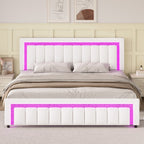 4 EVER WINNER King Size LED Bed Frame,Velvet Upholstered with Striped & Diamond Studded Headboard & Footboard, Quiet Stable Structure, No Box Spring Required¡ê?White
