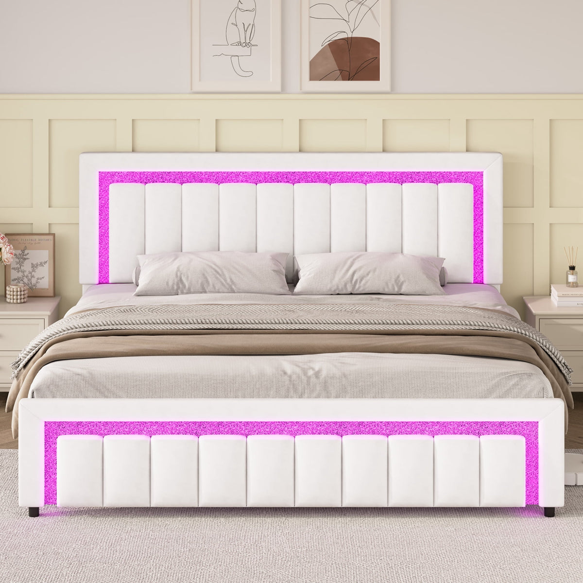 4 EVER WINNER King Size LED Bed Frame,Velvet Upholstered with Striped & Diamond Studded Headboard & Footboard, Quiet Stable Structure, No Box Spring Required¡ê?White
