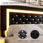 4 EVER WINNER King Size Floating Bed Frame with LED Lights, Upholstered Platform Bed Frame with Diamond Tufted Headboard, Black King Size Bed Frame, Black