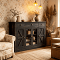 4 EVER WINNER 55 Inch Rustic Oak Coffee Bar Cabinet, features 4 plexiglass doors & 3 drawers with adjustable shelves, practical buffet cabinet for dining room storage