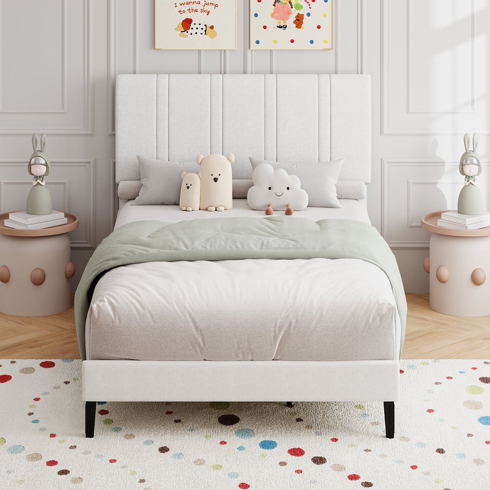 4 EVER WINNER Twin /Full/Queen/KIng Size Bed Frame, Upholstered Bed Frame with Headboard, No Box Spring Required, Easy AssemblyBEAX741-KZbasic-WT