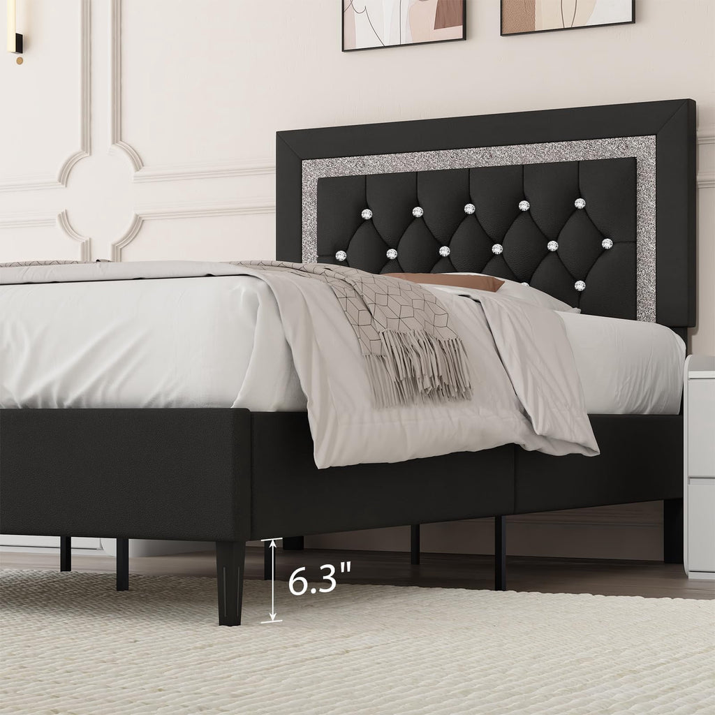 4 EVER WINNER Modern Black Twin Bed Frame with Diamond Tufted Headboard, Upholstered Platform Bed with Glitz Accent, Heavy-Duty Wood Slat Support, No Box Spring Needed, Tool-Free Assembly