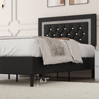 4 EVER WINNER Modern Black Twin Bed Frame with Diamond Tufted Headboard, Upholstered Platform Bed with Glitz Accent, Heavy-Duty Wood Slat Support, No Box Spring Needed, Tool-Free Assembly