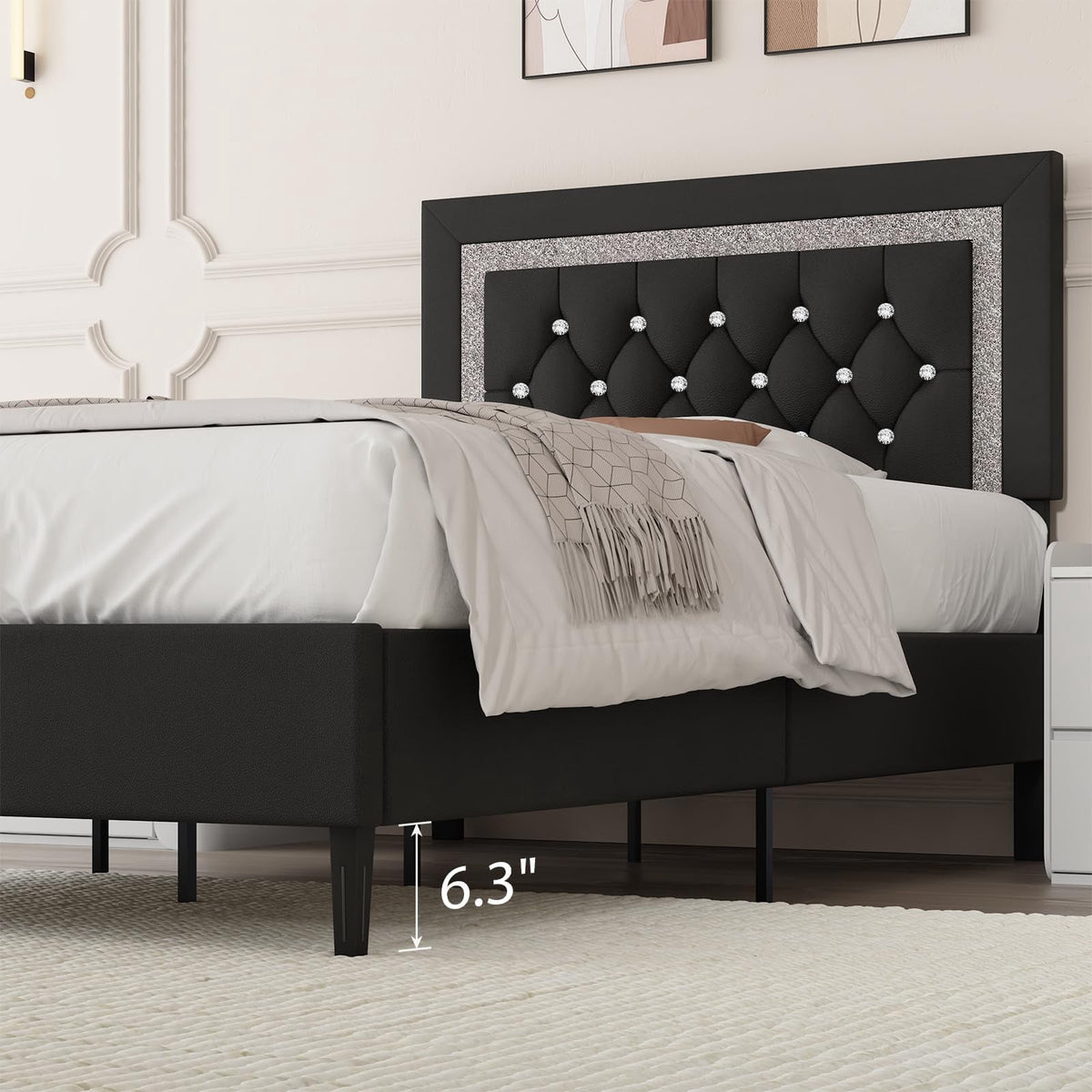 4 EVER WINNER Modern Black Twin Bed Frame with Diamond Tufted Headboard, Upholstered Platform Bed with Glitz Accent, Heavy-Duty Wood Slat Support, No Box Spring Needed, Tool-Free Assembly