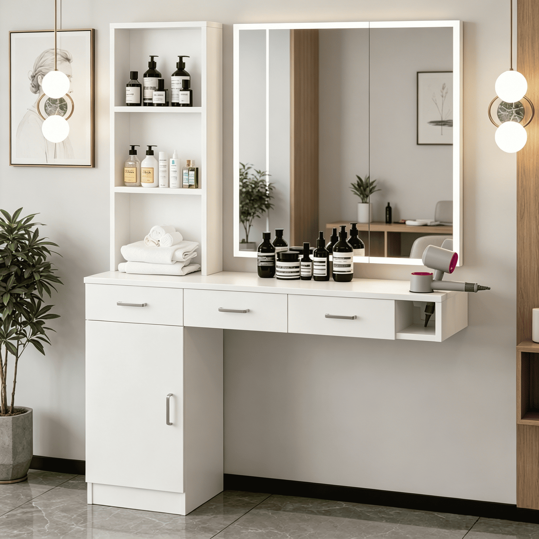 4 EVER WINNER Wall Mount Salon Stations, Barber Station with 3 Hair Dryer Holder, Beauty Salon Spa Equipment with 2 Drawers, 1 Storage Cabinet, White