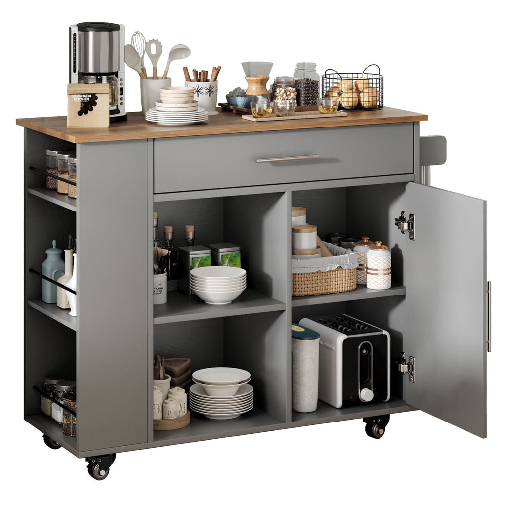 Kitchen Island on Wheels with Storage, Rolling Kitchen Cart with Spice Rack, Towel Rack, Open Shelves & Drawer, Portable Kitchen Island for Home, Grey