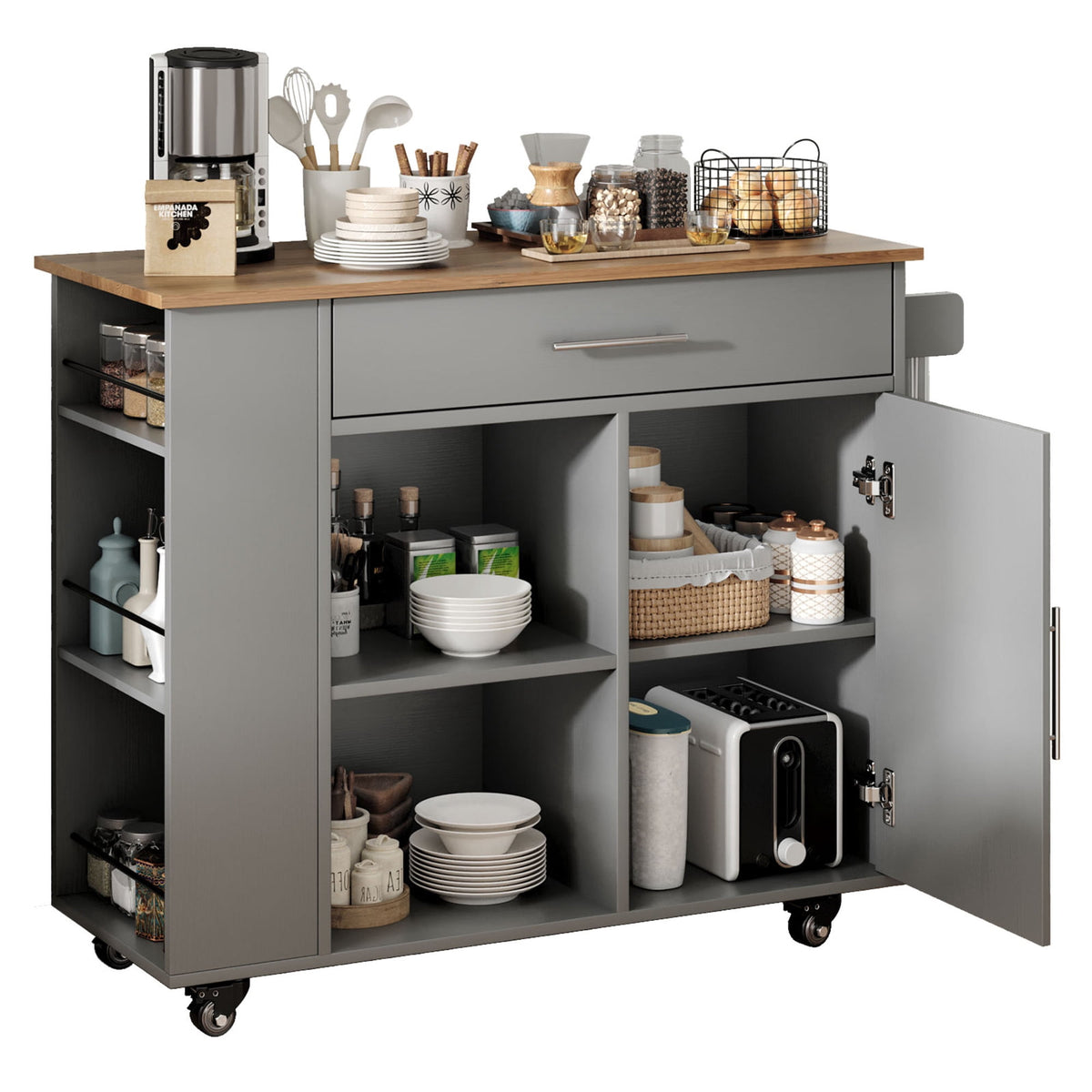 Kitchen Island on Wheels with Storage, Rolling Kitchen Cart with Spice Rack, Towel Rack, Open Shelves & Drawer, Portable Kitchen Island for Home, Grey