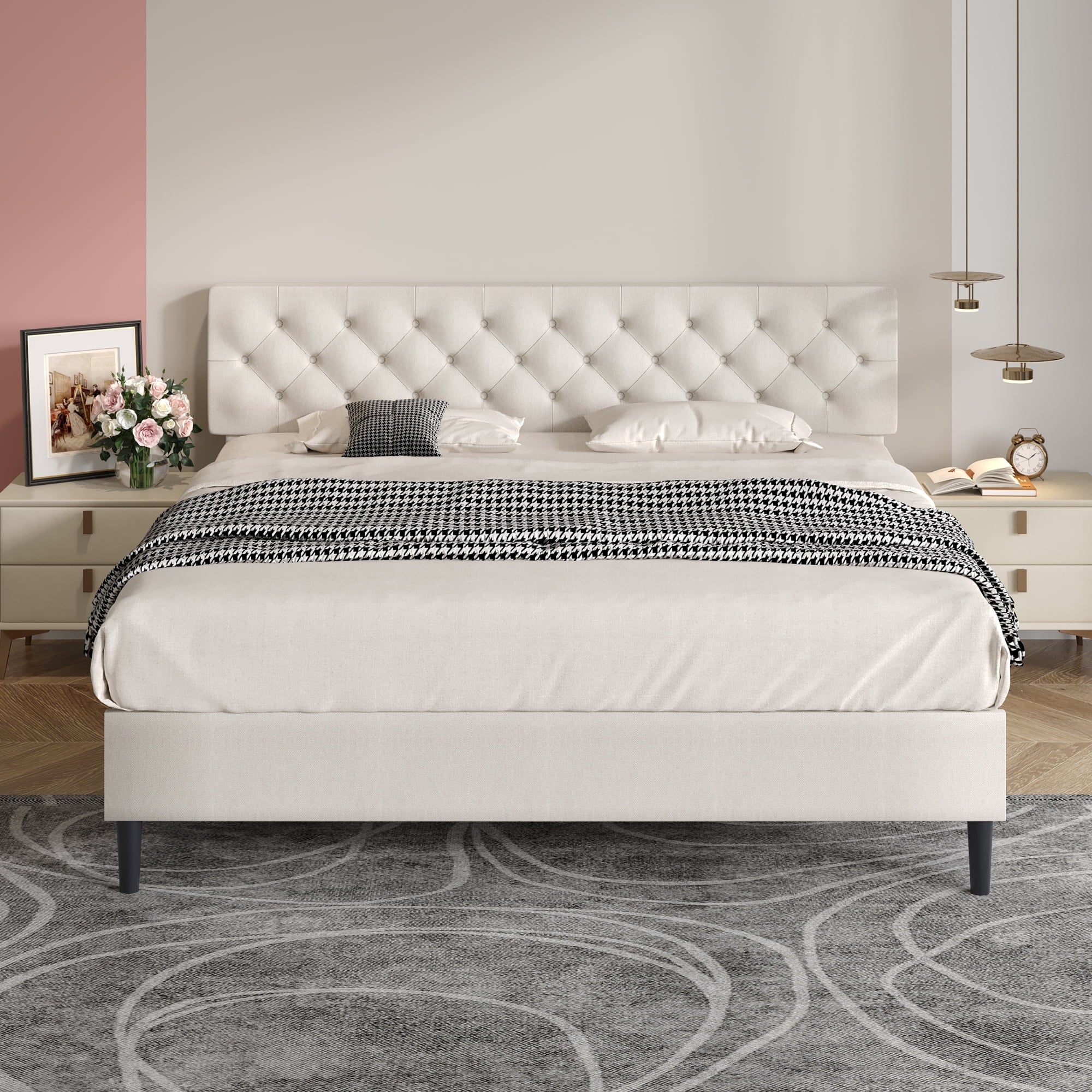 4 EVER WINNER Twin /Full/Queen/KIng Size Bed Frame, Upholstered Bed Frame with Headboard, No Box Spring Required, Easy AssemblyBE0351-XDBED-BE-K