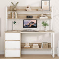4 EVER WINNER 55 Inch Computer Desk with Hutch, 3 Drawers and Storage Shelves, Modern Study Writing Desk with Adjustable Feet, Space Saving Workstation for Bedroom and Small Spaces, Light Walnut
