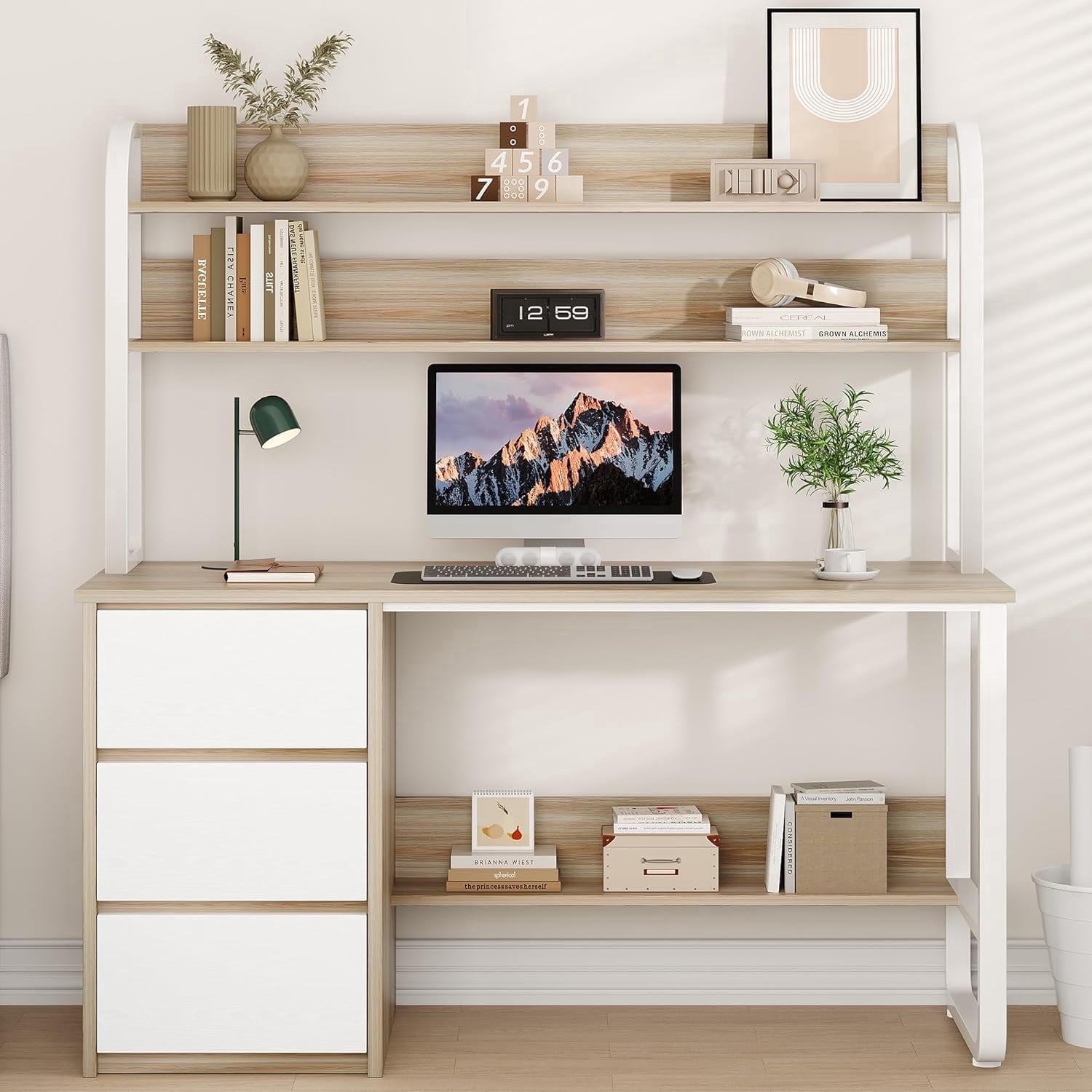 4 EVER WINNER 55 Inch Computer Desk with Hutch, 3 Drawers and Storage Shelves, Modern Study Writing Desk with Adjustable Feet, Space Saving Workstation for Bedroom and Small Spaces, Light Walnut