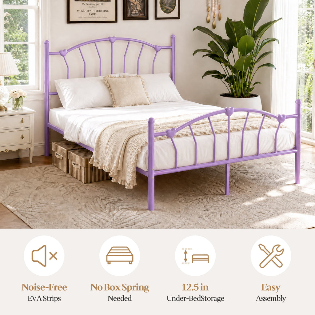 4 EVER WINNER Queen Size Metal Platform Bed Frame with Heart-Shaped Decorative Headboard and Footboard, 12.2" Under bed Storage Space, Purple