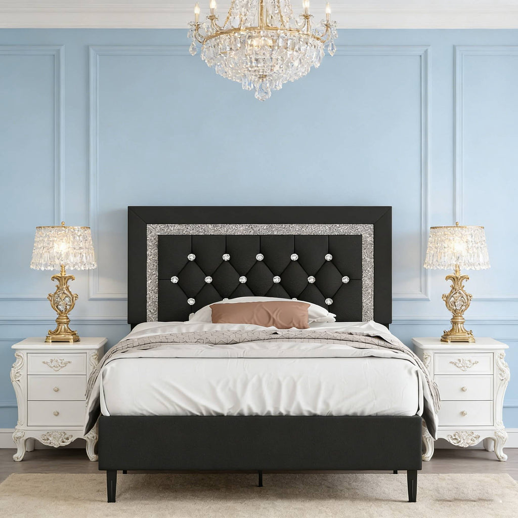 4 EVER WINNER Modern Black Twin Bed Frame with Diamond Tufted Headboard, Upholstered Platform Bed with Glitz Accent, Heavy-Duty Wood Slat Support, No Box Spring Needed, Tool-Free Assembly