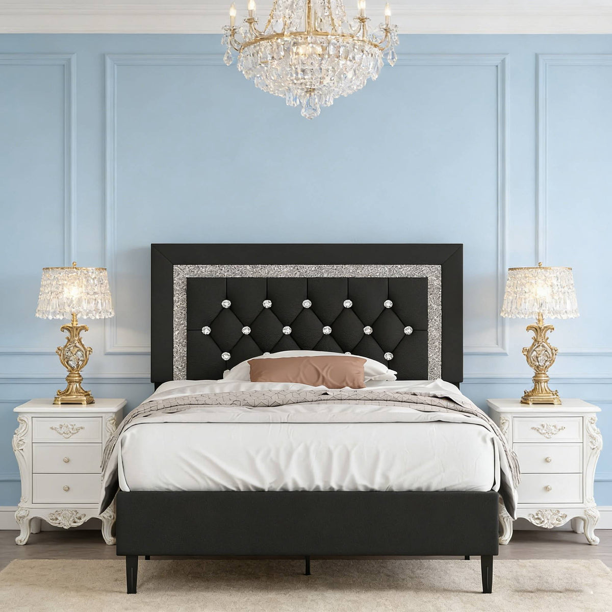 4 EVER WINNER Modern Black Twin Bed Frame with Diamond Tufted Headboard, Upholstered Platform Bed with Glitz Accent, Heavy-Duty Wood Slat Support, No Box Spring Needed, Tool-Free Assembly