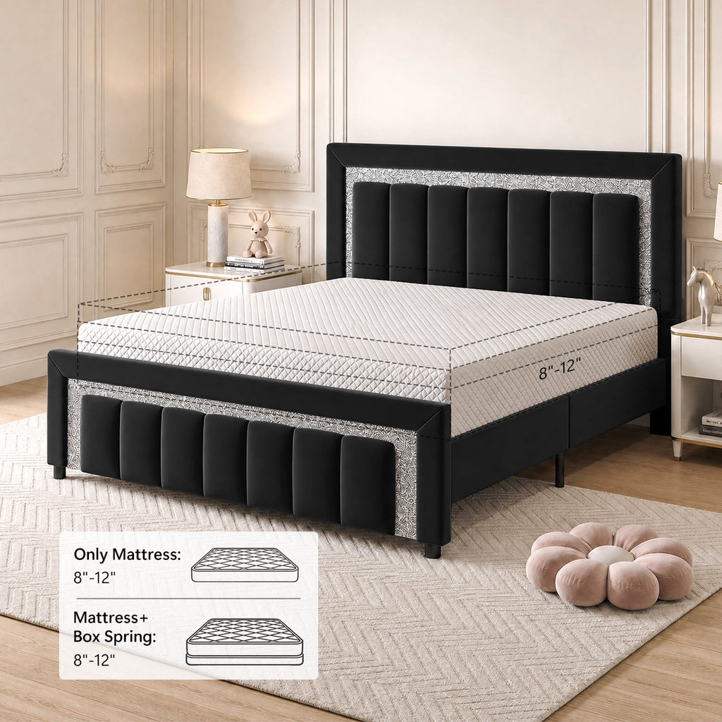 4 Ever Winner Full Bed Frame, Velvet Upholstered Bed Frame with Diamond Headboard, Black Full Size Bed Frame, Black