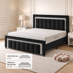 4 Ever Winner Full Bed Frame, Velvet Upholstered Bed Frame with Diamond Headboard, Black Full Size Bed Frame, Black