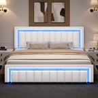 4 EVER WINNER King Size LED Bed Frame,Velvet Upholstered with Striped & Diamond Studded Headboard & Footboard, Quiet Stable Structure, No Box Spring Required¡ê?White