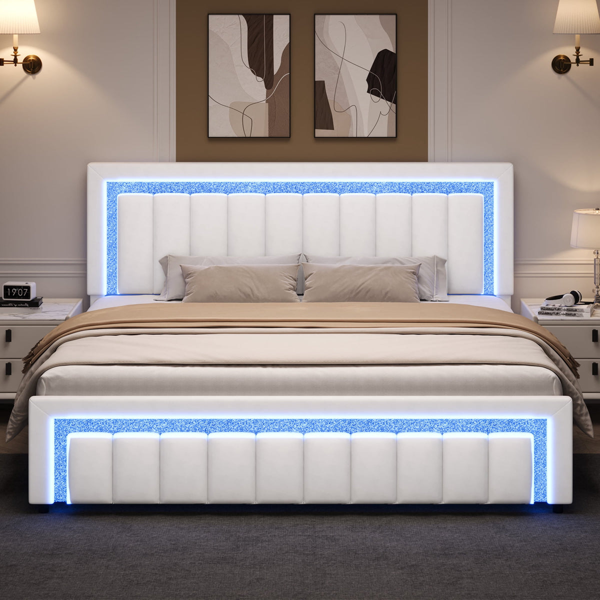4 EVER WINNER King Size LED Bed Frame,Velvet Upholstered with Striped & Diamond Studded Headboard & Footboard, Quiet Stable Structure, No Box Spring Required¡ê?White