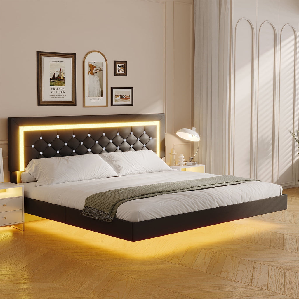 4 EVER WINNER King Size Floating Bed Frame with LED Lights, Upholstered Platform Bed Frame with Diamond Tufted Headboard, Black King Size Bed Frame, Black