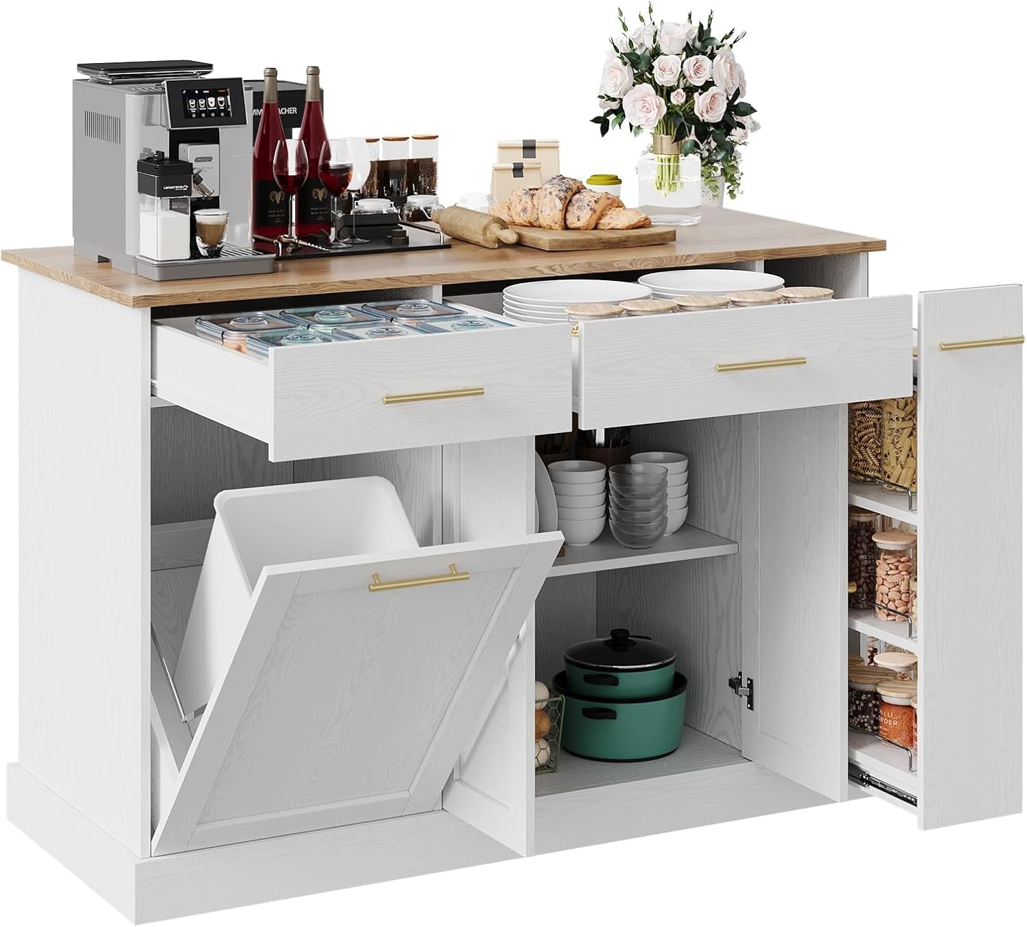 4 EVER WINNER 52" Kitchen Island with Storage, Rolling Kitchen Cart Island with Wheels, Tilt Out Kitchen Trash Cabinet 10 Gallon Storage, 3 Large Spice Racks and 2 Drawers, White